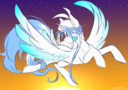 Size: 3496x2468 | Tagged: safe, artist:reyindee, oc, oc only, oc:ice, alicorn, alicorn oc, colored wings, colored wingtips, flying, male, male alicorn, solo, sunset