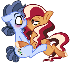 Size: 467x411 | Tagged: safe, artist:sugahfox, oc, oc only, oc:raspberry cocoa, oc:rock-a-bye, earth pony, pegasus, pony, blushing, female, kissing, mare, simple background, solo, transparent background