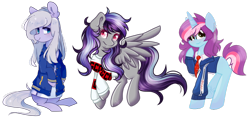 Size: 1024x480 | Tagged: safe, artist:sketchyhowl, oc, oc only, oc:rainbow kitty, oc:silver breeze, oc:sketchy howl, pony, unicorn, clothes, female, mare, simple background, transparent background