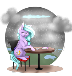 Size: 2178x2301 | Tagged: safe, artist:ohhoneybee, oc, oc only, oc:moon flare, pegasus, pony, book, cloud, female, food, glasses, mare, rain, solo, table, tea