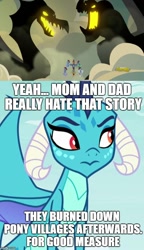 Size: 500x870 | Tagged: safe, edit, edited screencap, screencap, dragon lord ember, dragon lord torch, princess ember, dragon, campfire tales, dragoness, female, glowing eyes, glowing mouth, image macro, meme