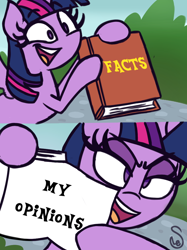 Size: 760x1015 | Tagged: safe, artist:quarium edits, edit, twilight sparkle, twilight sparkle (alicorn), alicorn, in a nutshell, 2 panel comic, book, comic, ed edd n eddy, exploitable, exploitable meme, fact, female, mare, meme, opinion, solo, truth, twilight's fact book