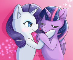 Size: 1024x853 | Tagged: safe, artist:kingkero, rarity, twilight sparkle, twilight sparkle (alicorn), alicorn, pony, unicorn, abstract background, blushing, cute, ear fluff, eyes closed, female, holding, hoof on cheek, lesbian, mare, raribetes, rarilight, shipping, smiling, twiabetes, watermark