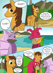 Size: 2800x3824 | Tagged: safe, artist:feroxultrus, oc, oc only, bird, hippocampus, merpony, sea pony, siren, beach, broken horn, family, fanfic, fanfic art, fangs, father, fins, foal, happy, jungle, male, mountain, mountain range, mussel, ocean, one eye closed, orphan, palm tree, satchel, scales, scar, shore, siblings, snail, surrogate, tree