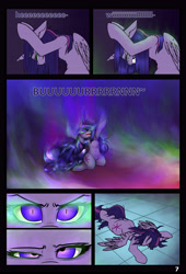 Size: 3761x5516 | Tagged: safe, artist:duop-qoub, twilight sparkle, twilight sparkle (alicorn), alicorn, comic:twilight's descent, angry, comic, crying, dark magic, descended twilight, faceplant, female, floppy ears, hellfire, hunchback of notre dame, looking up, magic, messy mane, solo