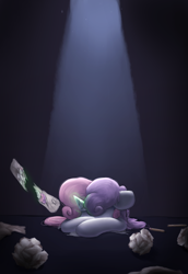 Size: 1000x1450 | Tagged: safe, artist:vanillaghosties, sweetie belle, pony, female, filly, frustrated, glowing horn, magic, paper, sad, solo