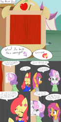 Size: 1600x3200 | Tagged: safe, artist:jake heritagu, apple bloom, scootaloo, sweetie belle, pony, comic:ask motherly scootaloo, clothes, comic, hairpin, motherly scootaloo, ponyville, stage, sweater, sweatshirt