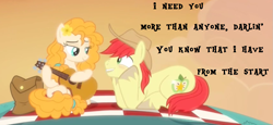 Size: 1139x523 | Tagged: safe, edit, edited screencap, screencap, bright mac, pear butter, the perfect pear, brightbutter, build me up buttercup, cowboy hat, female, guitar, hat, lyrics, male, picnic, picnic blanket, shipping, song reference, stealth pun, stetson, straight, text, the foundations