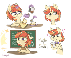 Size: 1024x841 | Tagged: safe, artist:flourret, oc, oc only, oc:maple swirl, pony, unicorn, apron, bowtie, clothes, coffee, donut, food, glasses, magic, male, parent:donut joe, parent:moondancer, simple background, solo, stallion, white background