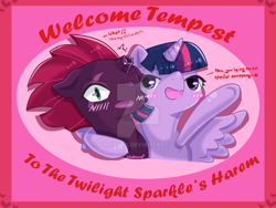 Size: 1024x768 | Tagged: safe, artist:kingkero, fizzlepop berrytwist, tempest shadow, twilight sparkle, twilight sparkle (alicorn), alicorn, pony, my little pony: the movie, blushing, dialogue, female, lesbian, mare, raised hoof, shipping, side hug, tempestlight, watermark