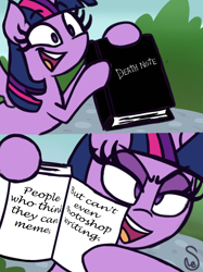 Size: 1080x1442 | Tagged: safe, artist:quarium edits, twilight sparkle, twilight sparkle (alicorn), alicorn, pony, book, death note, ed edd n eddy, exploitable meme, lidded eyes, meme, photoshop, solo, twilight's death note, twilight's fact book