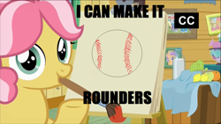 Size: 1320x742 | Tagged: safe, edit, edited screencap, screencap, kettle corn, earth pony, pony, marks and recreation, ball, exploitable meme, female, filly, i can make it rounder, kettle draws, meme, mouth hold, pun