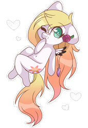 Size: 2048x3000 | Tagged: safe, artist:cinnamontee, oc, oc only, oc:ember, pegasus, pony, anatomically incorrect, bandaid, belly button, chibi, female, flower, high res, incorrect leg anatomy, mare, one eye closed, simple background, smiling, solo, transparent background, wink