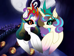 Size: 960x720 | Tagged: safe, artist:owocrystalcatowo, oc, oc only, oc:shy heart, oc:sweet heart, alicorn, black sclera, cousins, female, halloween, holiday, jack-o-lantern, mare, moon, nightmare night, offspring, parent:king sombra, parent:oc:crystal heart, parent:pound cake, parent:princess flurry heart, parents:poundflurry, pumpkin