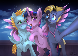 Size: 2760x2000 | Tagged: safe, alternate version, artist:trojan-pony, star tracker, twilight sparkle, twilight sparkle (alicorn), oc, oc:harmony star, alicorn, earth pony, pony, once upon a zeppelin, alicorn oc, bipedal, commission, female, group photo, jewelry, male, mare, necklace, stallion, sweat, twimony, twitracker