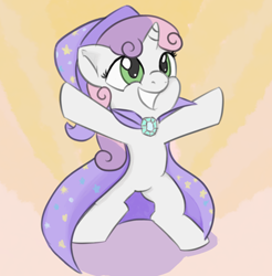 Size: 1120x1137 | Tagged: safe, artist:treekickerdraws, sweetie belle, pony, unicorn, accessory swap, cape, clothes, cute, diasweetes, female, filly, grin, hat, mare, rearing, smiling, solo, standing, the great and powerful, trixie's cape, trixie's hat