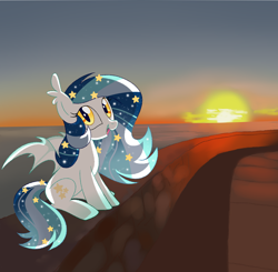 Size: 1718x1686 | Tagged: safe, artist:owlity, oc, oc only, oc:wistful galaxy, bat pony, pony, beach, cloud, ear fluff, female, looking at you, mare, ocean, open mouth, outdoors, seawall, sitting, sky, smiling, solo, sunset, water