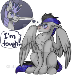 Size: 400x400 | Tagged: safe, artist:fluffyrainbowsheep, oc, oc only, oc:knight smile, pegasus, pony, blushing, night guard, scrunchy face, sitting, solo, sword, watermark, weapon