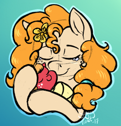 Size: 738x769 | Tagged: safe, artist:sugaryviolet, big macintosh, pear butter, pony, the perfect pear, baby, baby macintosh, baby pony, blanket burrito, colored sketch, crying, cute, eyes closed, female, flower, flower in hair, hug, male, mother and child, mother and son, parent and child, swaddling, tears of joy, younger