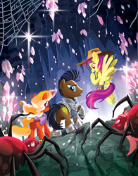 Size: 648x828 | Tagged: safe, artist:tonyfleecs, firebrand, strong oak, thrilly filly, earth pony, giant spider, pegasus, pony, spider, unicorn, tails of equestria, armor, cave, clothes, cover, crystal, female, hat, male, mare, spider web, stallion, the festival of lights, underdark