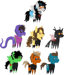 Size: 2855x3340 | Tagged: safe, artist:lightningbolt, derpibooru exclusive, oc, changeling, cobra, earth pony, hybrid, original species, pegasus, pony, snake pony, unicorn, .svg available, bags under eyes, bow, brent wilson, chest fluff, choker, clandestine industries, clothes, cobra starship, ear fluff, ear piercing, earring, eyeliner, face paint, fangs, female, forked tongue, frown, gabe saporta, green day, grin, hair over one eye, hood, hoodie, jewelry, makeup, male, mare, mike dirnt, necklace, piercing, pointy ponies, ponified, red changeling, sad, shirt, shoes, simple background, smiling, socks, spiked choker, spiked wristband, stallion, svg, t-shirt, tail bow, tanktop, tattoo, the academy is..., tongue out, transparent background, trap, tré cool, vector, wavy mane, william beckett, wristband