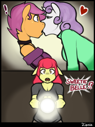 Size: 1536x2048 | Tagged: safe, artist:hot headed clover, apple bloom, scootaloo, sweetie belle, anthro, comic:the revenge of the cute, breasts, comic, female, lesbian, making out, scootabelle, shipping