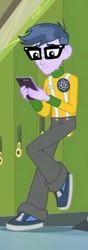 Size: 166x469 | Tagged: safe, screencap, microchips, better together, equestria girls, overpowered (equestria girls), clothes, cropped, male, pants, phone, shoes, smiling, sneakers