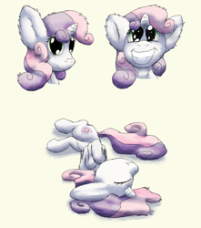 Size: 5123x5788 | Tagged: safe, artist:firefanatic, sweetie belle, pony, unicorn, absurd resolution, alternate cutie mark, behaving like a cat, cute, diasweetes, female, filly, fluffy, impossibly large ears, lying down, on back, solo