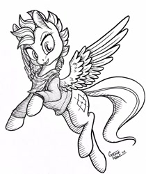 Size: 1076x1280 | Tagged: safe, artist:gracewolf, oc, oc only, oc:crucible, pony, clothes, disguise, disguised changeling, female, flying, mare, monochrome, solo, sweater