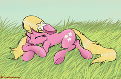 Size: 2000x1309 | Tagged: safe, artist:orang111, lily, lily valley, cute, eyes closed, grass, prone, sleeping, solo, yawn