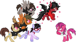 Size: 4301x2396 | Tagged: safe, artist:lightningbolt, derpibooru exclusive, oc, oc:revision, bat pony, earth pony, pegasus, pony, unicorn, .svg available, bat wings, brendon urie, clandestine industries, clothes, ear fluff, emo, eyes on the prize, fall out boy, fangs, female, flying, following, glasses, grin, group, hat, heart, heart eyes, hoodie, horn, implied gay, implied shipping, jewelry, looking back, looking up, makeup, male, mare, mikey way, my chemical romance, necklace, panic! at the disco, patrick stump, pete wentz, ponified, raised hoof, running, ryan ross, scared, shirt, sideburns, simple background, sleeves pulled up, slit eyes, smiling, spread wings, stallion, svg, t-shirt, tongue out, transparent background, undershirt, vector, want it need it, wingding eyes, wings, wristband, zipper