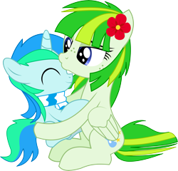 Size: 6321x6075 | Tagged: safe, artist:cyanlightning, oc, oc only, oc:cyan lightning, oc:green lightning, pegasus, pony, unicorn, .svg available, absurd resolution, clothes, colt, eyes closed, female, freckles, holding a pony, hug, kissing, male, mare, mother and child, mother and son, parent and child, scarf, simple background, transparent background, vector