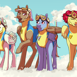 Size: 1500x1500 | Tagged: safe, artist:seleniium, oc, oc only, pegasus, pony, clothes, cloud, eyes closed, female, goggles, group, male, mare, next generation, open mouth, rainbow, raised hoof, sky, smiling, stallion, uniform, wonderbolts uniform