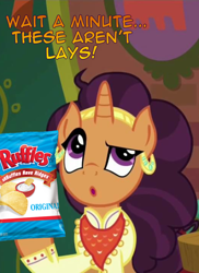 Size: 768x1054 | Tagged: safe, edit, edited screencap, screencap, saffron masala, pony, unicorn, spice up your life, chips, cute, female, food, manip, mare, photomanipulation, potato chips, ruffles, saffronbetes, solo