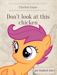 Size: 540x719 | Tagged: safe, edit, scootaloo, chicken, pegasus, pony, meme, scootachicken, solo, vulgar