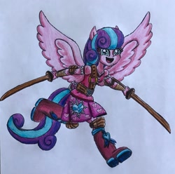 Size: 2342x2321 | Tagged: safe, artist:bozzerkazooers, princess flurry heart, equestria girls, dual wield, equestria girls-ified, ninja, older, ponied up, solo, sword, traditional art, weapon