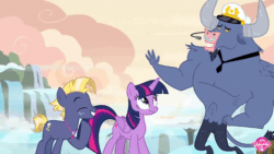 Size: 600x338 | Tagged: safe, screencap, iron will, star tracker, twilight sparkle, twilight sparkle (alicorn), alicorn, earth pony, minotaur, pony, once upon a zeppelin, animated, captain hat, female, gif, hat, male, mare, necktie, nose piercing, nose ring, patting, piercing, trio