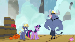 Size: 480x270 | Tagged: safe, screencap, iron will, star tracker, twilight sparkle, twilight sparkle (alicorn), alicorn, pony, once upon a zeppelin, animated, barrel, carrying, cute, gif, grabbing, hat, helmet, holding a pony, lifejacket, neighagra falls, running, yoink