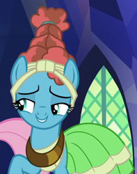 Size: 861x1090 | Tagged: safe, edit, edited screencap, screencap, meadowbrook, earth pony, pony, shadow play, clothes, cropped, female, lidded eyes, mare, raised hoof, smiling, solo