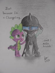 Size: 3000x4000 | Tagged: safe, artist:brianchoobrony-artie, spike, thorax, changeling, dragon, the times they are a changeling, crying, sad, traditional art