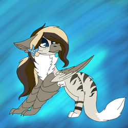 Size: 2560x2560 | Tagged: safe, artist:brokensilence, oc, oc only, oc:misty serenity, griffon, cheek fluff, chest fluff, ear fluff, flower, flower in hair, griffonized, leg fluff, long tail, ponytail, solo, species swap, stripes, tiger stripes