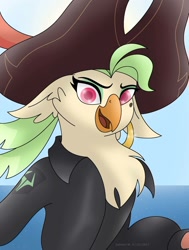 Size: 1024x1357 | Tagged: safe, artist:lavenderrain24, captain celaeno, anthro, my little pony: the movie, clothes, hat, looking at you, pirate hat, smiling, solo, storm king's messenger outfit