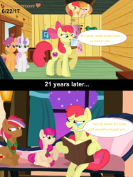 Size: 2048x2732 | Tagged: safe, artist:cinnamon-swirls, apple bloom, bright mac, pear butter, scootaloo, sweetie belle, oc, oc:autumn glory, oc:outstretch orchard, pony, the perfect pear, bittersweet, book, brightbutter, clubhouse, crusaders clubhouse, crying, female, freckles, male, night, night sky, offspring, older, older apple bloom, parent:apple bloom, parent:tender taps, parents:tenderbloom, ponytail, shipping, sky, speech bubble, stars, straight, talking