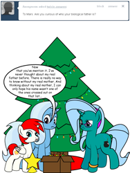 Size: 600x800 | Tagged: safe, artist:dekomaru, twilight sparkle, oc, oc:hazel lulamoon, oc:mars, alicorn, pony, unicorn, ask, christmas, christmas tree, colt, female, holiday, male, mare, tree, tumblr, tumblr:ask twixie