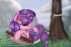 Size: 3000x2000 | Tagged: safe, artist:drafthoof, sugar belle, pony, hard to say anything, hammock, looking down, solo, tree