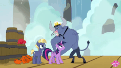 Size: 480x270 | Tagged: safe, screencap, iron will, star tracker, twilight sparkle, twilight sparkle (alicorn), alicorn, once upon a zeppelin, barrel, gif, grabbing, helmet, lifejacket, neighagra falls, non-animated gif