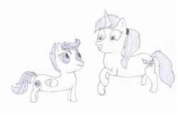 Size: 2048x1318 | Tagged: safe, artist:ragmo, scootaloo, oc, pegasus, pony, unicorn, atg 2017, excited, female, happy, monochrome, newbie artist training grounds, traditional art