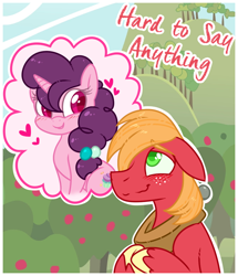 Size: 660x768 | Tagged: safe, artist:esmeia, big macintosh, sugar belle, earth pony, pony, hard to say anything, blushing, colored pupils, cute, female, floppy ears, freckles, heart, male, mare, shipping, stallion, story included, straight, sugarmac, title card, unshorn fetlocks, yoke