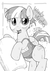 Size: 1700x2400 | Tagged: safe, artist:k-nattoh, windy whistles, pegasus, pony, comic:ponicosu, clothes, doujin, solo, swimsuit, wet