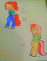 Size: 720x925 | Tagged: safe, artist:dejikoisawnsome, oc, oc only, oc:cherry popper, oc:leaf, satyr, handcuffed, parent:cherry jubilee, parent:roseluck, traditional art